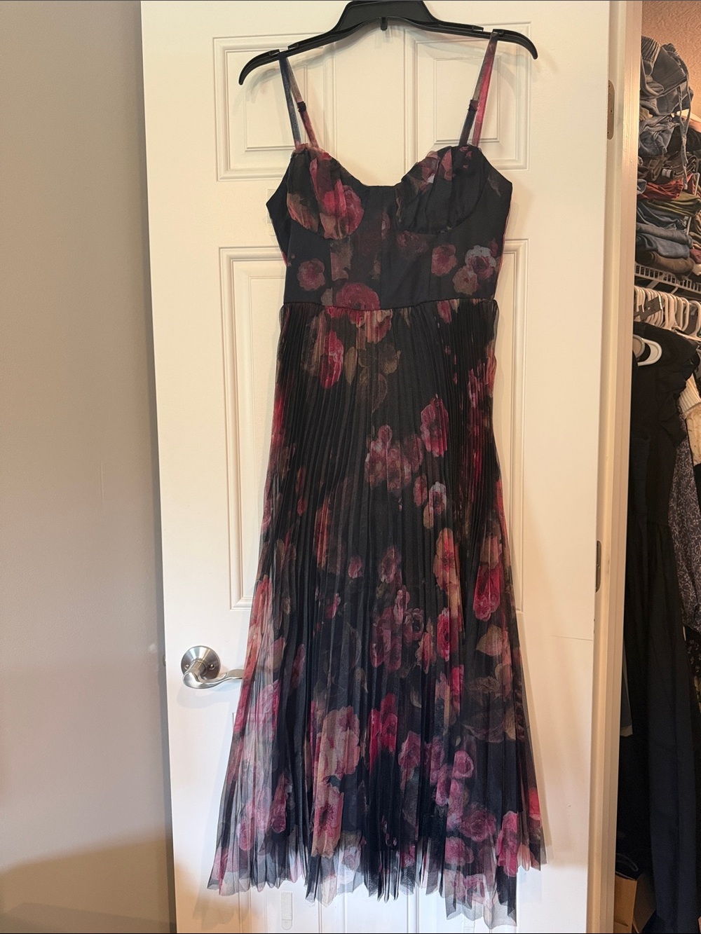 Lulu's Navy Blue Floral Pleated Midi Dress with Pink Accents